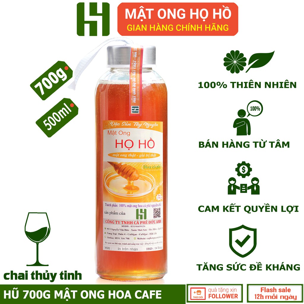 Hũ 500ml (700g) mật ong hoa cà phê nguyên chất 100% thương hiệu Họ Hồ- cam kết đổi trả nếu không vừa ý