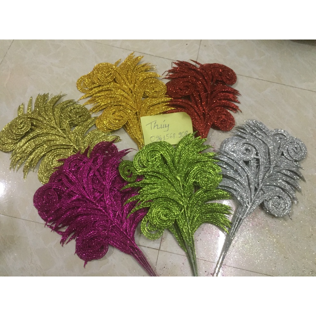 Lá đuôi phượng  phủ nhũ, kim tuyến làm oản tài lộc, tháp nước, tháp bánh | Phụ kiện trang trí