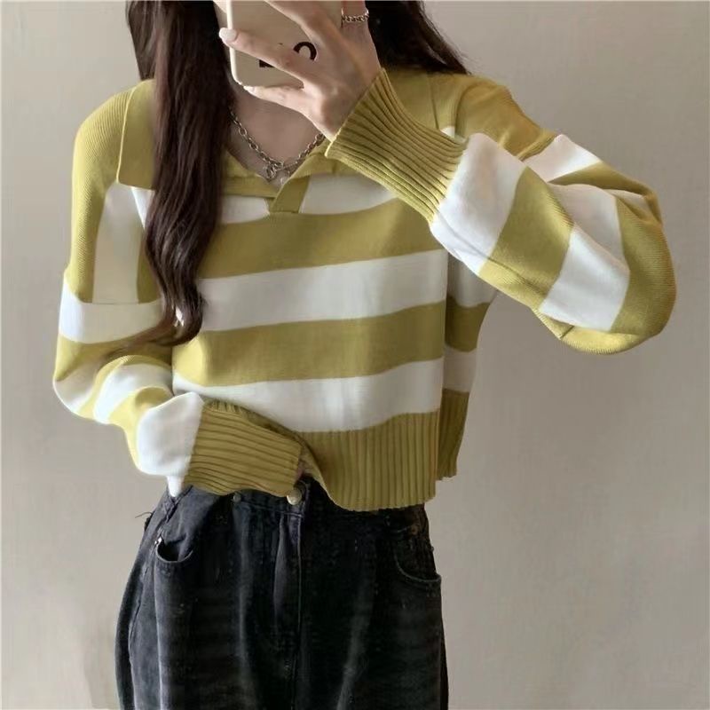 Áo Sweater Dệt Kim Tay Dài Cổ Polo Kẻ Sọc Xinh Xắn Cho Nữ