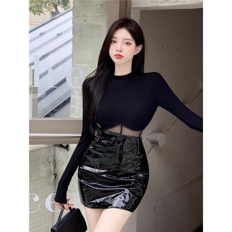 Áo thun dài tay bó sát thiết kế lưới khâu jumpsuit mùa hè