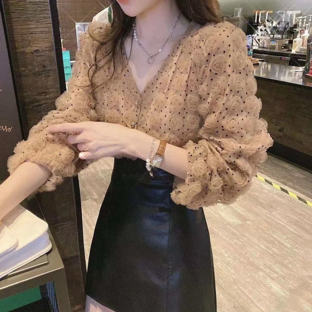 Áo Sơ Mi Dài Tay Cổ Chữ v Thiết Kế Mới Ngọt Ngào Thời Trang