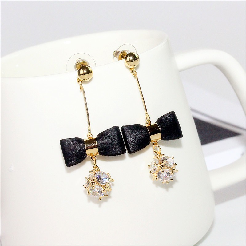 Bông tai form dài nơ đính đá Zicon cao cấp mạ vàng 18k