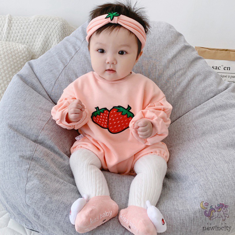 Bộ áo liền quần tay dài in hình trái cây kèm băng đô cho bé gái