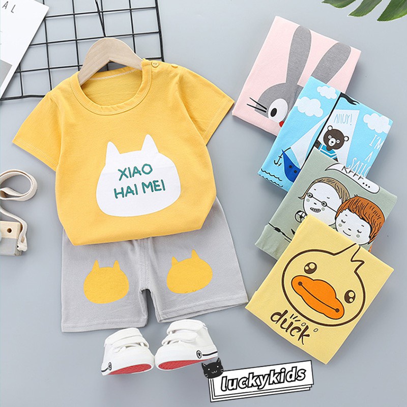 Set đồ mùa hè 2 món gồm áo thun cotton in họa tiết hoạt hình + quần ngắn thích hợp cho bé trai / gái 1-5 tuổi