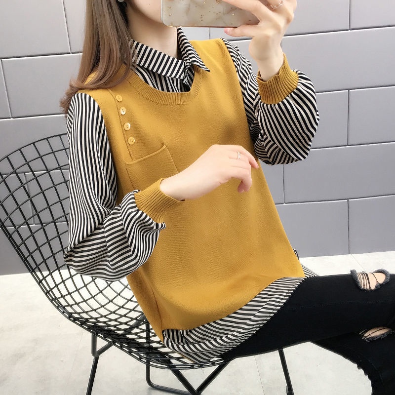 Áo sweater dệt kim mỏng dáng rộng giả hai lớp thời trang thu đông hàng mới dành cho bạn nữ 2021