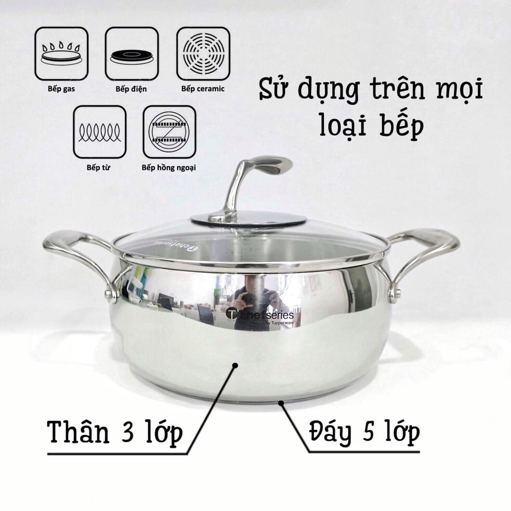 Nồi Tupperware T Chef Series Casserole dung tích 2.4L/3.8L/5.7L - Bảo hành 36 tháng - Sử dụng được cho mọi loại bếp