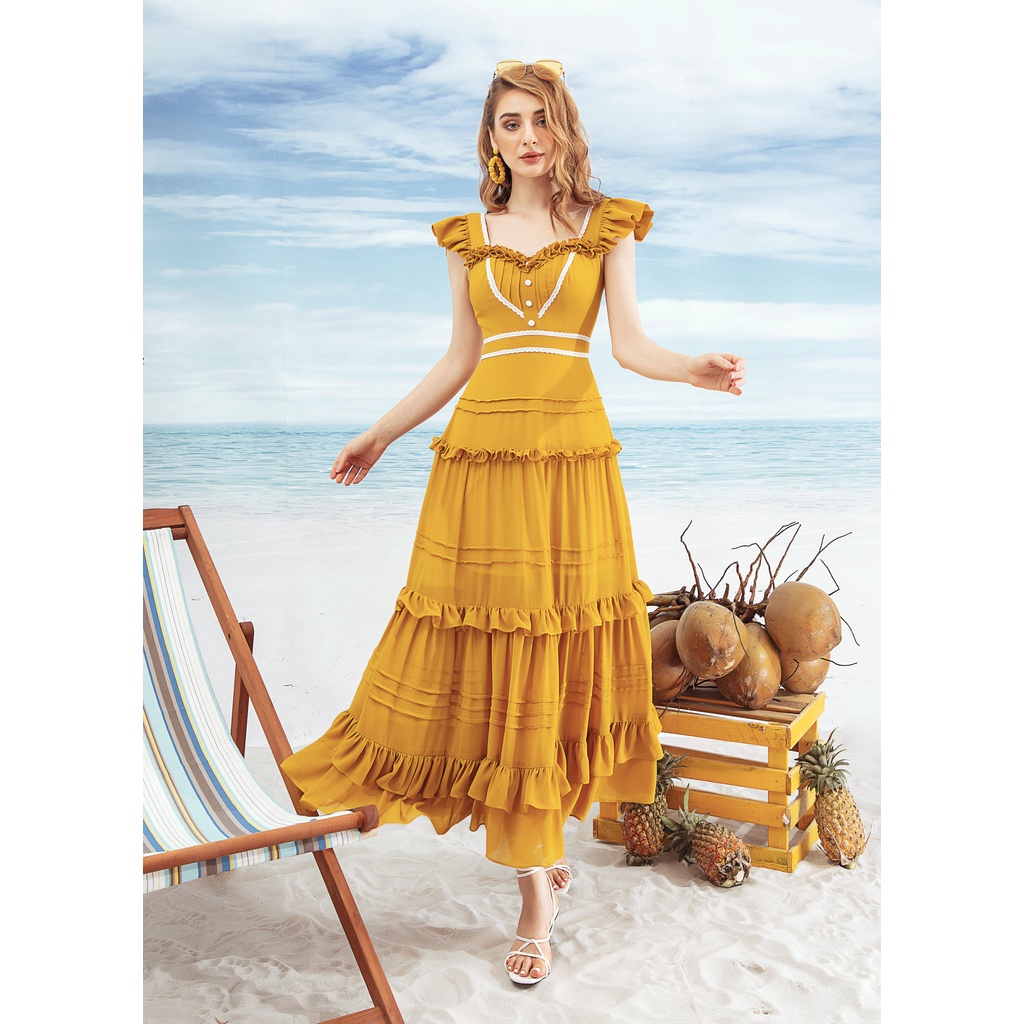 SÒ VINTAGE - JANNI Đầm xòe nhún bèo phối ren