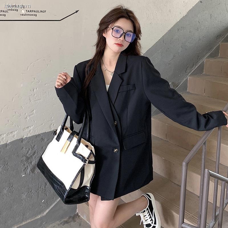 Áo khoác vest dáng dài màu đen thời trang xuân thu cho nữ 2021