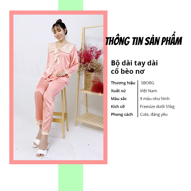 Đồ bộ nữ SBORG kiểu cute mặc nhà chất lụa satin cổ bèo nơ tay dài viền dún có túi freesize quà tặng vợ