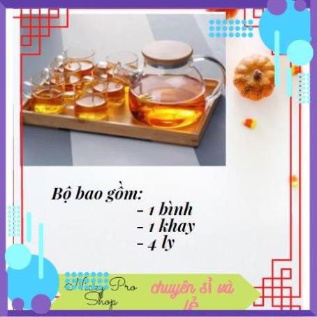 [HÀNG CHẤT LƯỢNG]  Bộ Bình Thủy Tinh Chiu Nhiệt Nắp Gỗ Có Khây Gỗ ( 01 Bình 1000ml + 4 Ly Chịu Nhiệt )