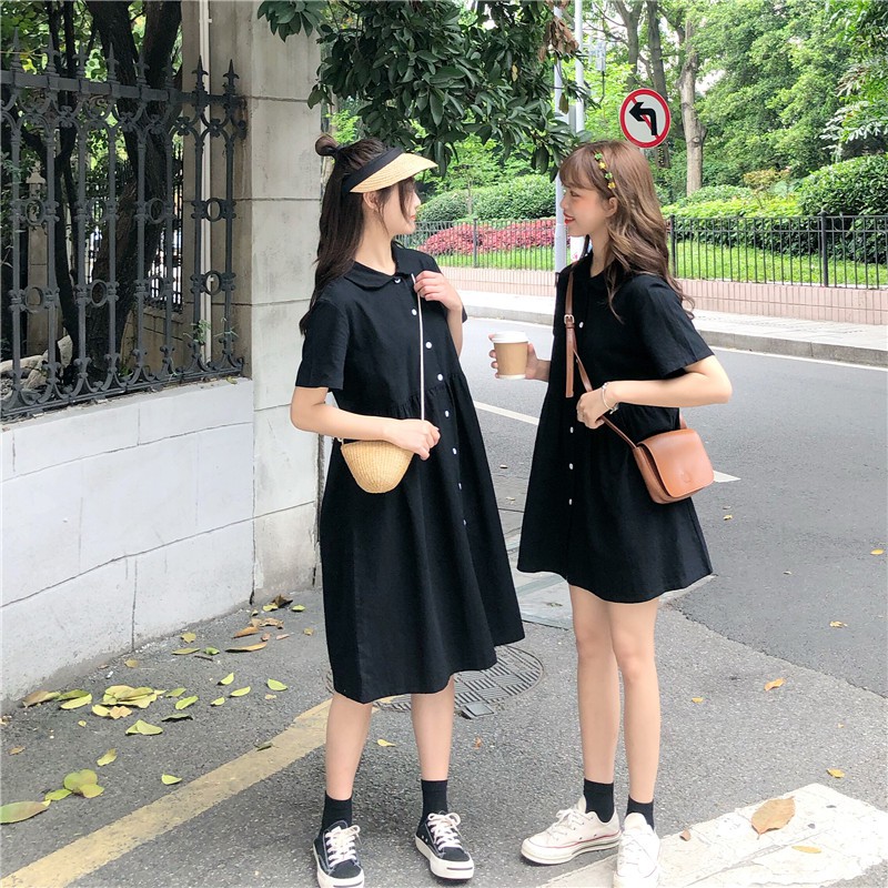 Xiaozhainv Đầm tay ngắn màu trơn phong cách Hàn quốc | BigBuy360 - bigbuy360.vn