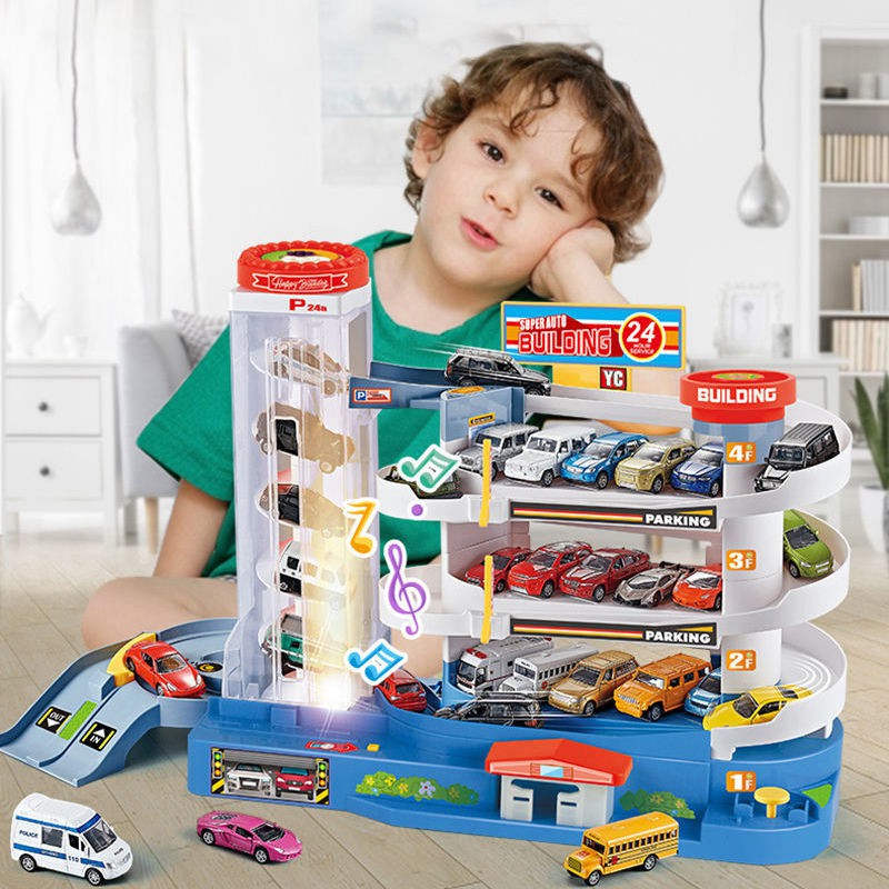 ô tô trẻ em xây dựng bãi đậu xe đồ chơi điện âm thanh và cậu bé xếp hình theo dõi ánh sáng với bộ não thông minh n