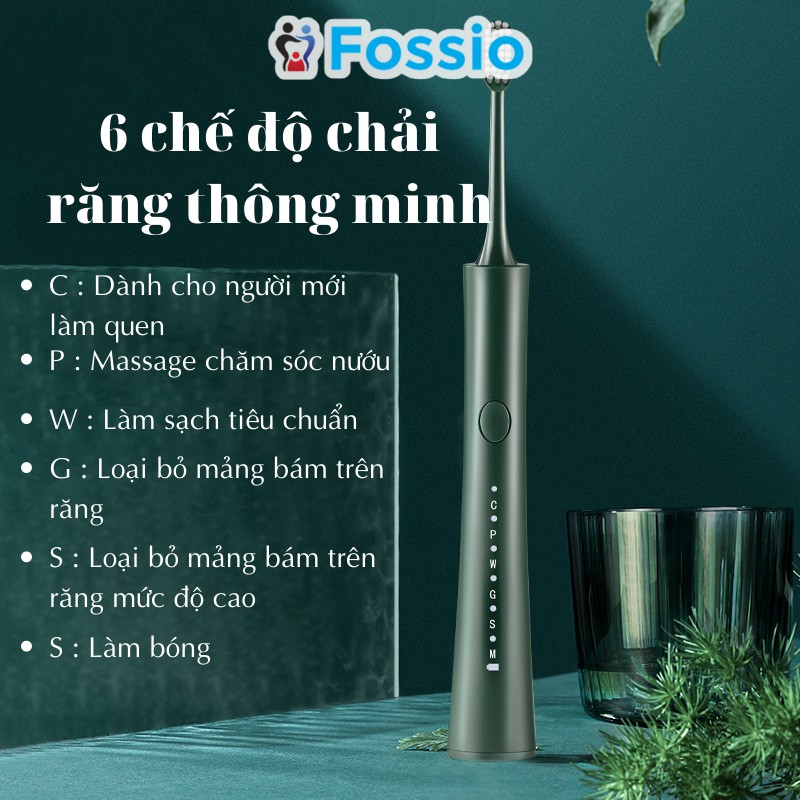 Bàn Chải Điện Sonic FOSSIO XHB 6 Chế Độ Thông Minh, Đầu Bàn Chải Than Tre Lông Mềm, Máy Đánh Răng Tự Động