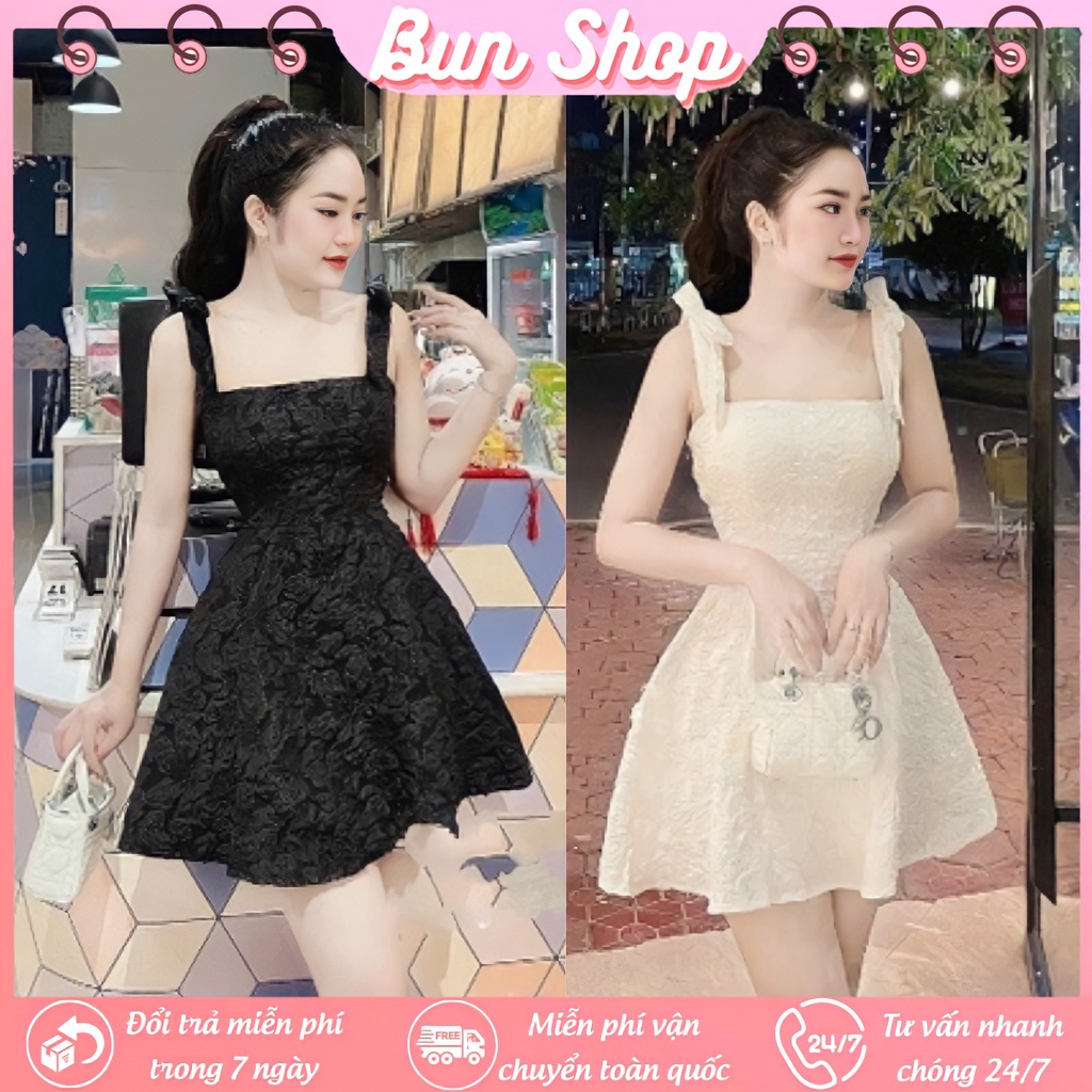 Váy hai dây - Váy 2 dây bản to thắt nơ vai, Có mút ngực, May 2 lớp dày dặn sang chảnh, ôm eo tôn dáng Bun Shop20
