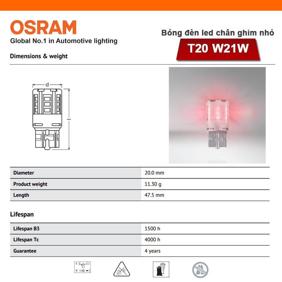 Bóng đèn led chân ghim nhỏ OSRAM STANDARD RETROFIT W21W 12v màu đỏ