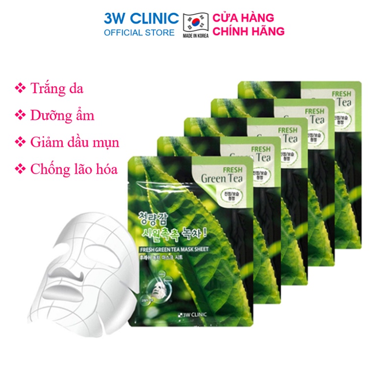 Combo 10 Túi Mặt nạ giấy - Mặt nạ dưỡng da giảm mụn chiết xuất Trà Xanh 3W Clinic Hàn Quốc 23mlx10