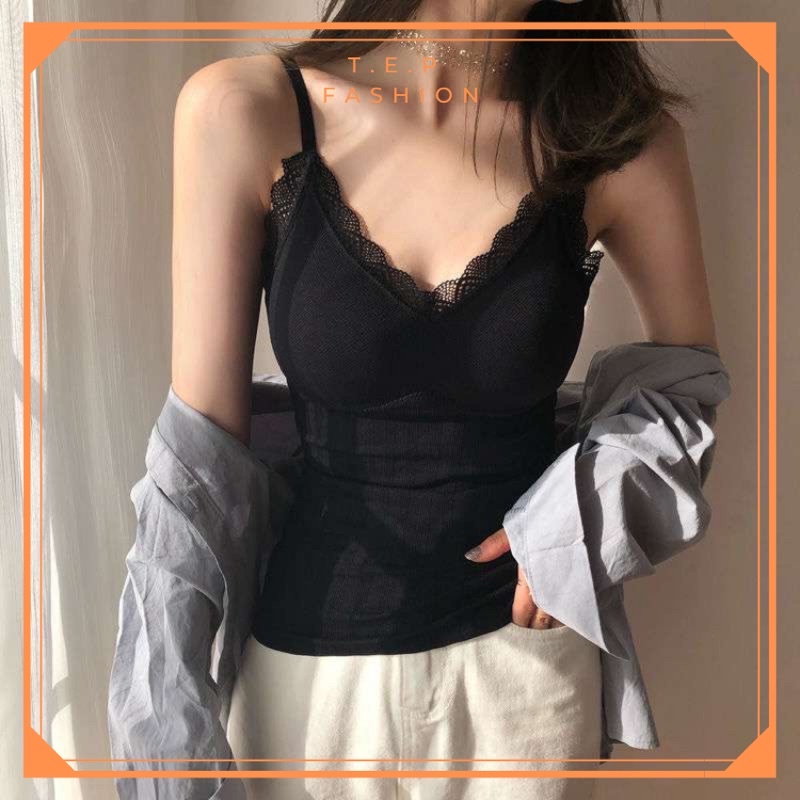 Áo Hai Dây Cotton Viền Ren Sexy - Mút Tháo Rời Tep Fashion - A2D101