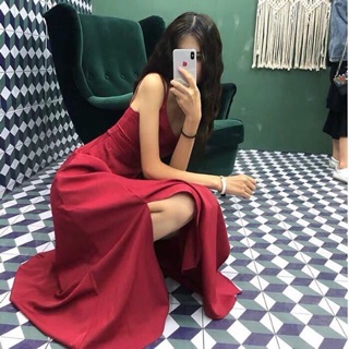 Váy maxi dáng xoè xẻ tà đan dây chéo