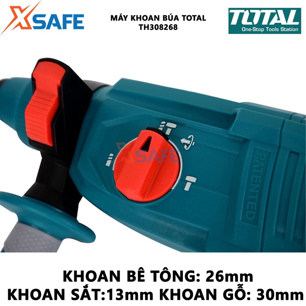 Máy khoan đục TOTAL TH308268 3 chức năng công suất 800W, kèm 3 mũi khoan bê tông, 2 mũi đục - chính hãng -xsafe