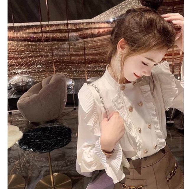 Áo sơ mi trắng cổ tàu xếp ly áo bánh bèo phối cúc đá sang chảnh A240 SUTANO