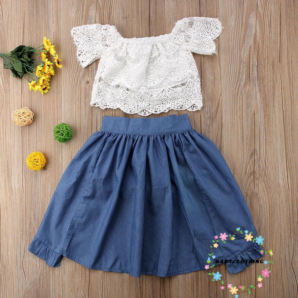 ღWSVღKids Girl Lace Tops+Denim Shorts Ruffles Bow Skirt Set