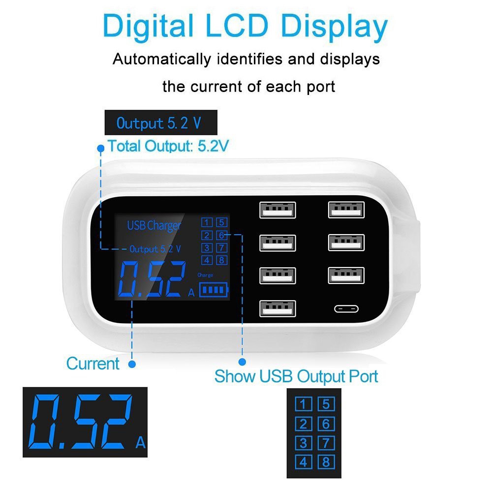 Smart Fast USB Charger 7USB+Type C 8 port QC 3.0 Dock Station LCD Display Socket Dock sạc nhanh 8 cổng chuẩn màn hình hiện đại