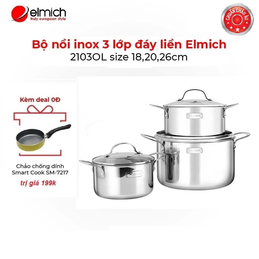 Bộ nồi inox 3 lớp đáy liền Elmich 2103OL size 18,20,26cm