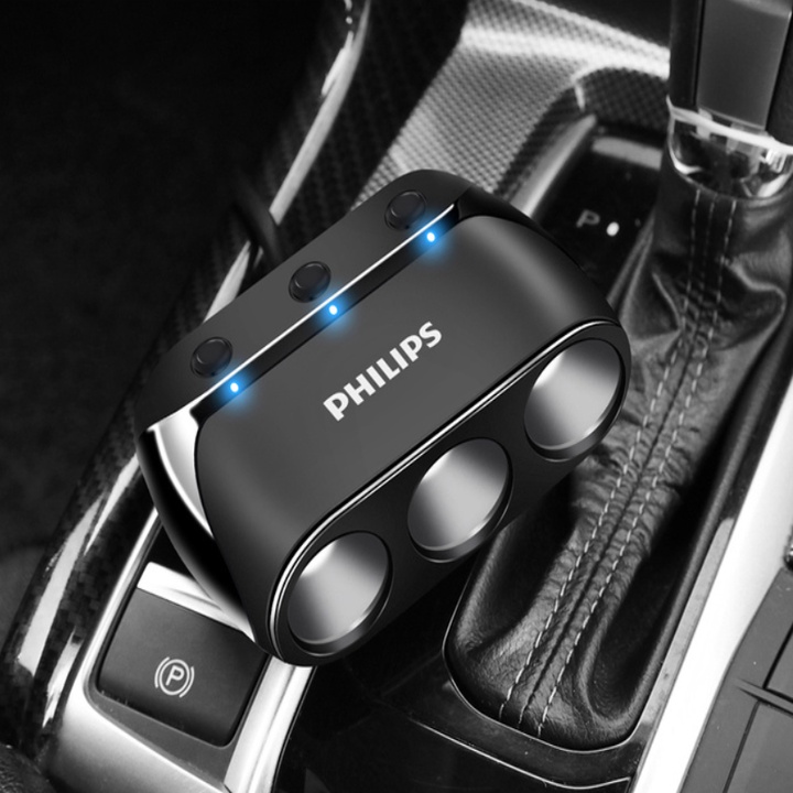 Bộ chia tẩu sạc ô tô Philips tích hợp 3 lỗ tẩu và 1 cổng sạc USB, Car charger DLP2019