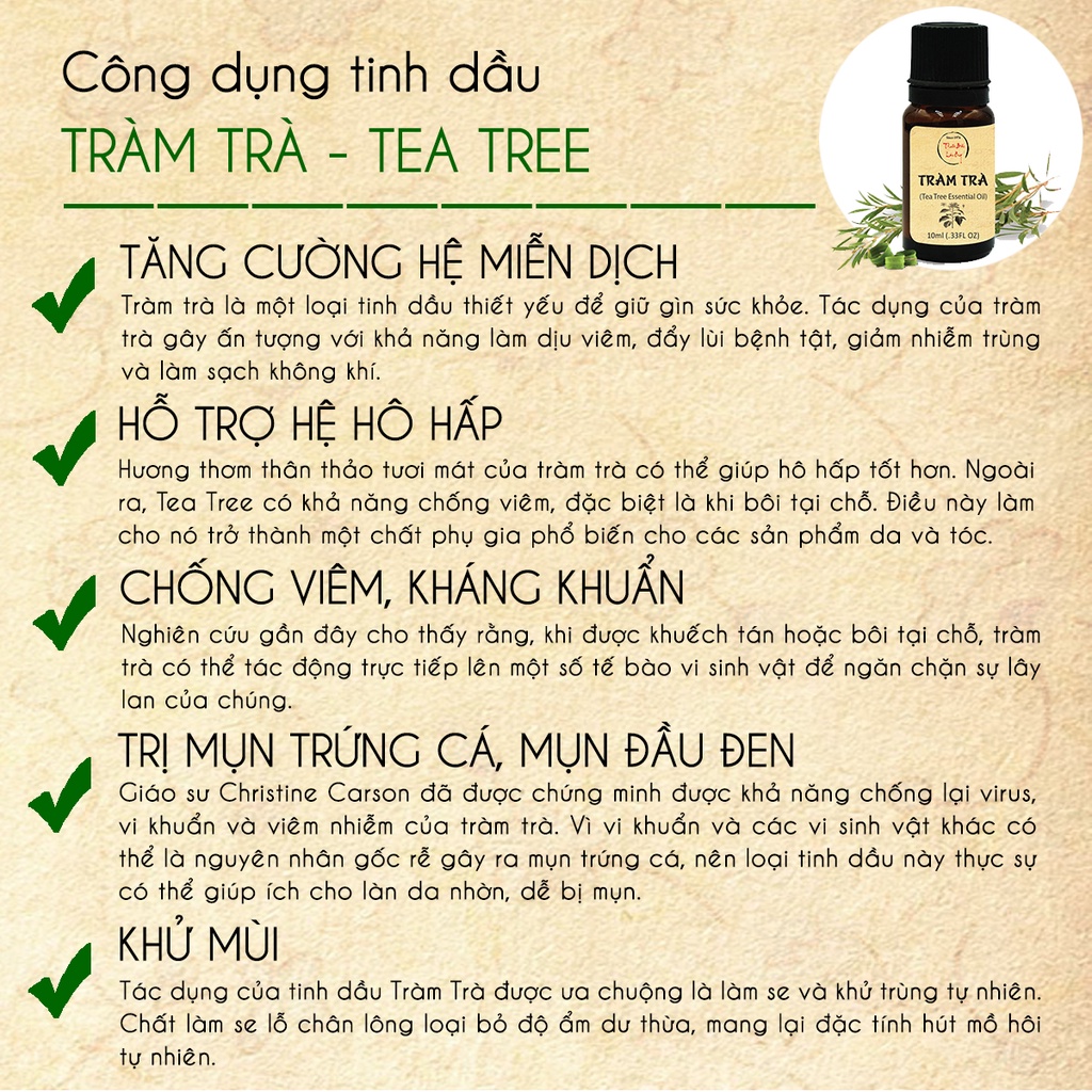 Tinh dầu Tràm Trà 20ml, cao cấp nhập khẩu, giảm thâm, dưỡng trắng da, đuổi muỗi, côn trùng - Thuốc Bắc Lãn Ông