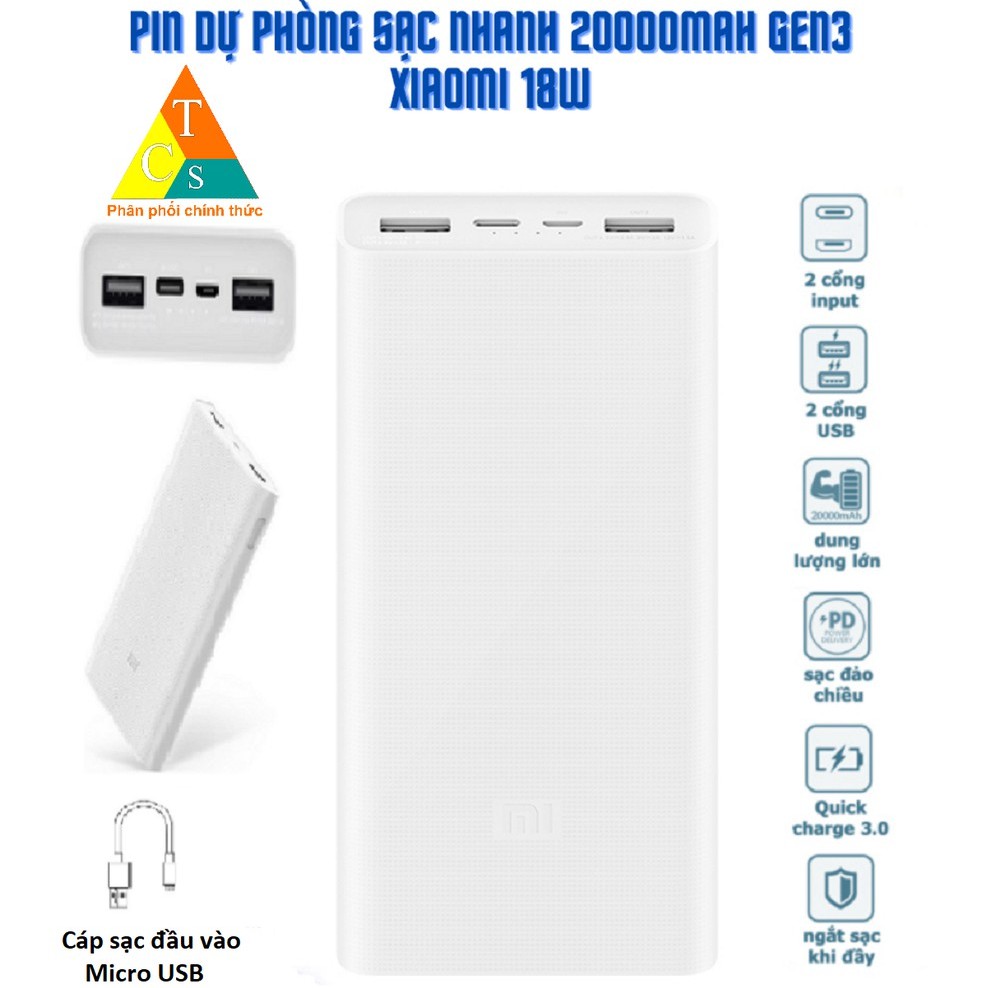 [Mã SKAMPUSHA8 giảm 8% đơn 300K] Pin dự phòng sạc nhanh 20000mAh Gen3 Xiaomi 18w