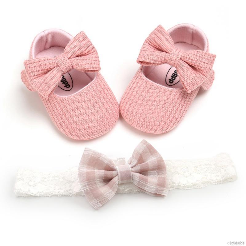 Set 2 Món Gồm Giày Chống Trượt Đính Nơ Và Băng Đô Cho Bé Gái Từ 0-18 Tháng Tuổi