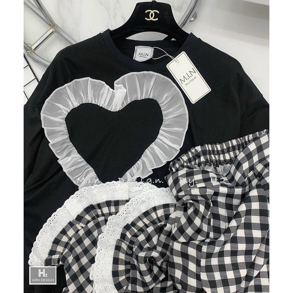 set bộ áo thun tim bèo ngực kèm quần carro k