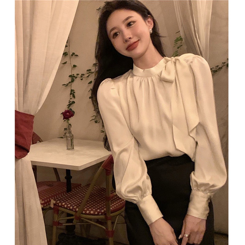Áo kiểu satin thắt nơ phong cách retro 2022 mới thời trang dành cho nữ