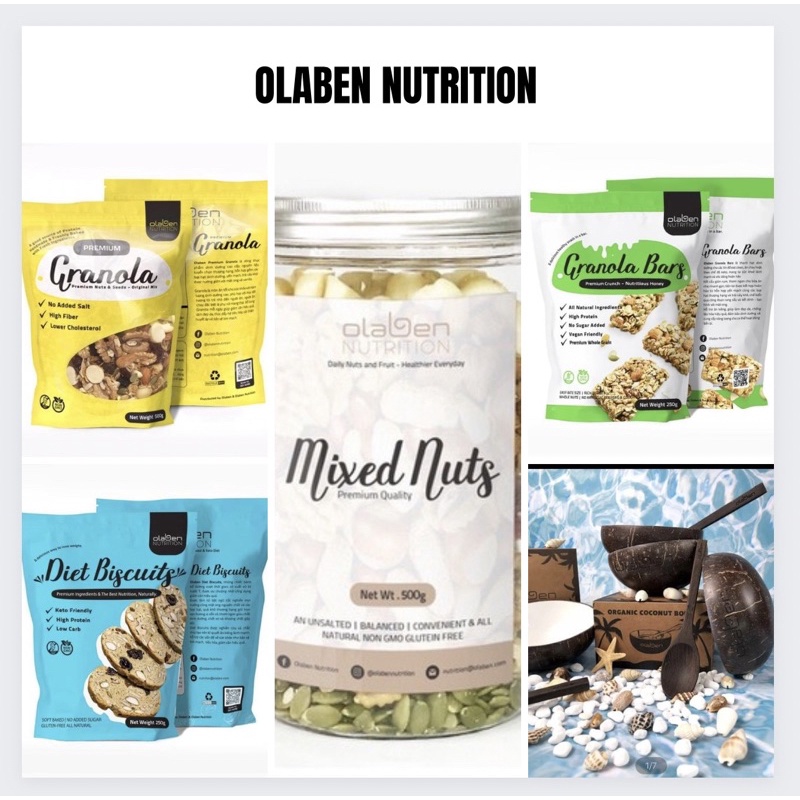 OLABEN Nutrition COMBO 4 loại Granola + Diet Biscuits+ Bars + Mixed Nuts + Chén muỗng dừa