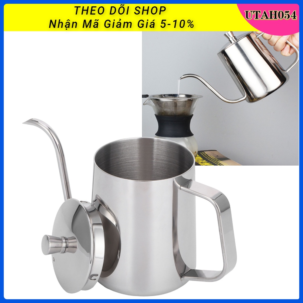 [Hàng Sẵn] Ấm pha cà phê nhỏ giọt bằng thép không gỉ 304 có nắp đậy kiểu cổ ngỗng 600ml【Utah054】