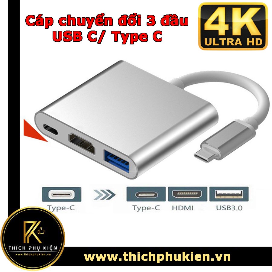 Cáp chuyển đổi OTG HUB 3 đầu USB-C Type-C ra &gt; Type C, USB, TV HDMI - Loại tốt