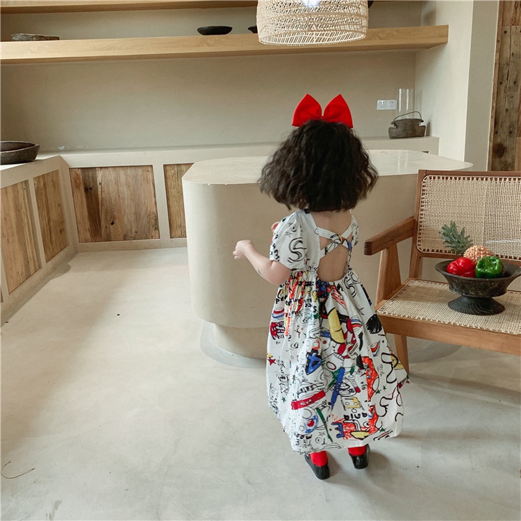 Đầm   tay ngắn hở lưng họa tiết graffiti thời trang mùa hè cho bé gái 1-6 tuổi
