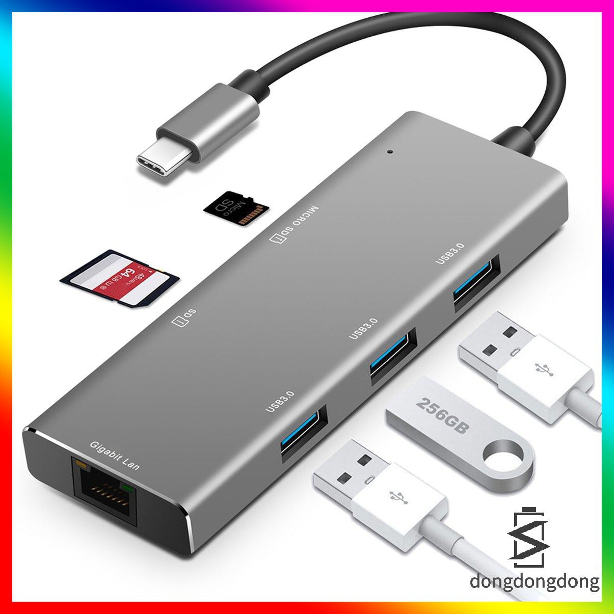 [thermometer]YC720 Multifunctional 6 in 1 USB Hub Type C to USB 3.0 RJ45 Gigabit Adapter