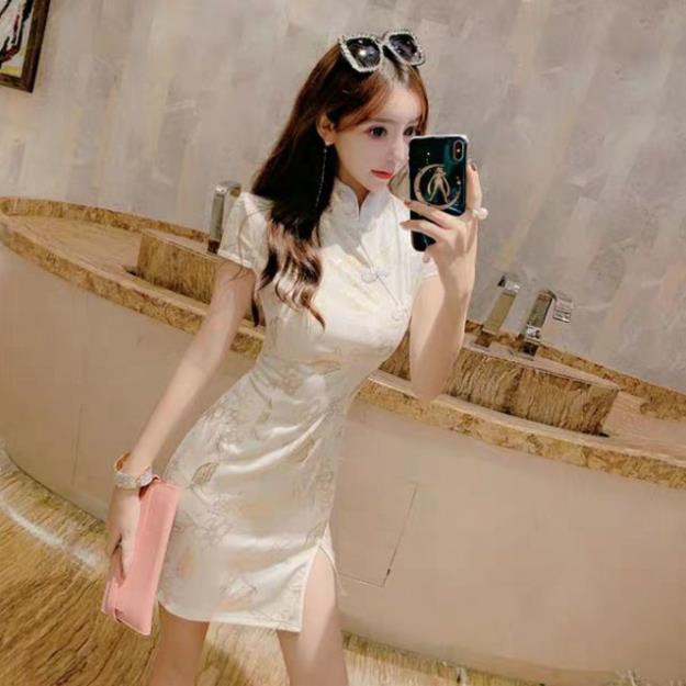 💥[Có sẵn size S và size M] Sườn xám cách tân trắng kem ngắn tay | BigBuy360 - bigbuy360.vn