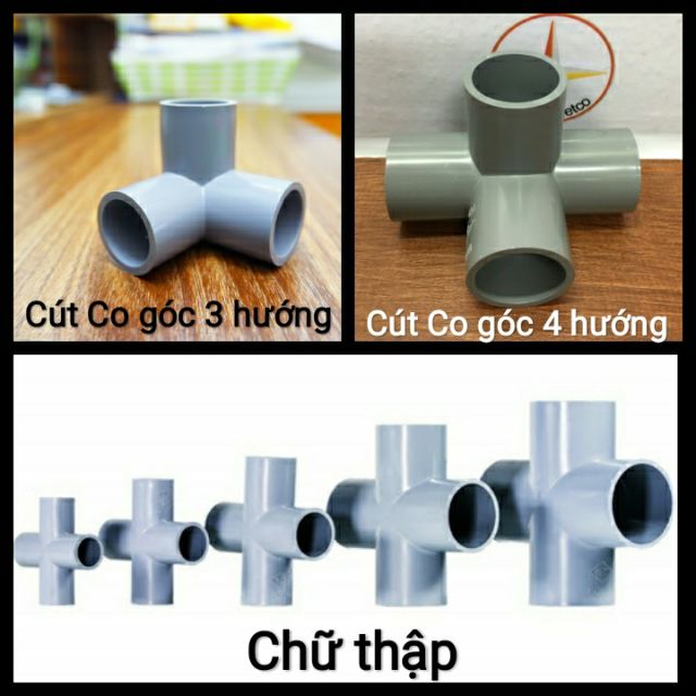 Cút Co Góc 3 Nhánh, 4 Nhánh, Chữ Thập, Tê Góc, Chữ Thập Góc Nhựa PVC 21, 27, 34, 42, 48