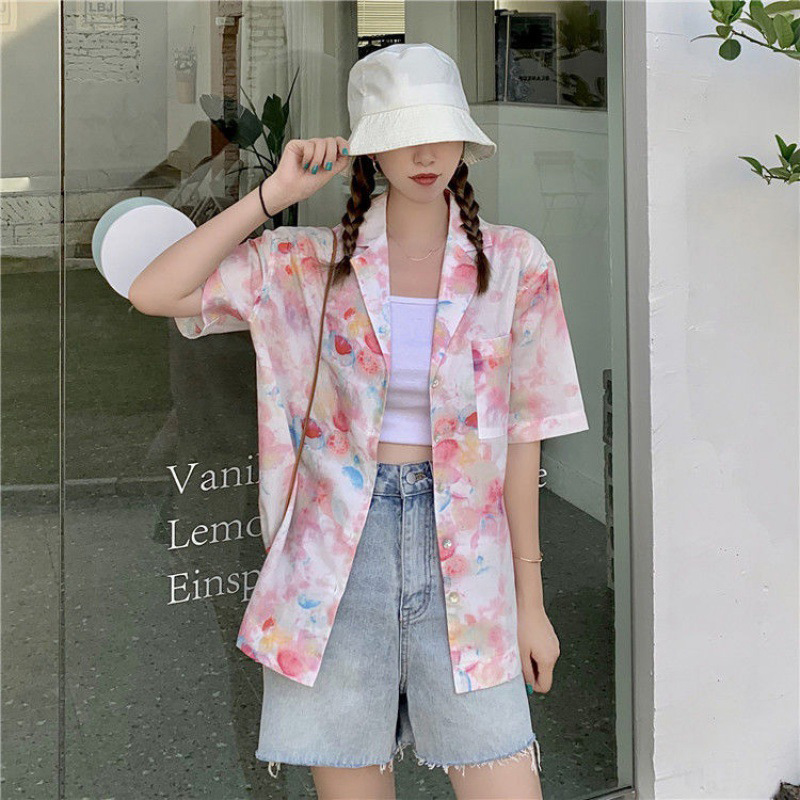 IELGY Áo Sơ Mi Tay Ngắn Họa Tiết Hoa Retro Thời Trang Cho Nữ