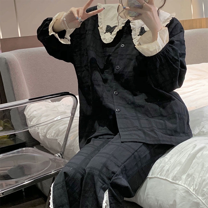 Bộ đồ ngủ tay dài cổ búp bê ngọt ngào đơn giản thời trang thu đông cho nữ