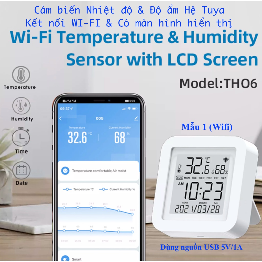 Cảm biến Nhiệt độ &amp; Độ ẩm, có màn hình hiển thị, kết nối Wifi, Hệ Tuya, App Smart Life/ Tuya