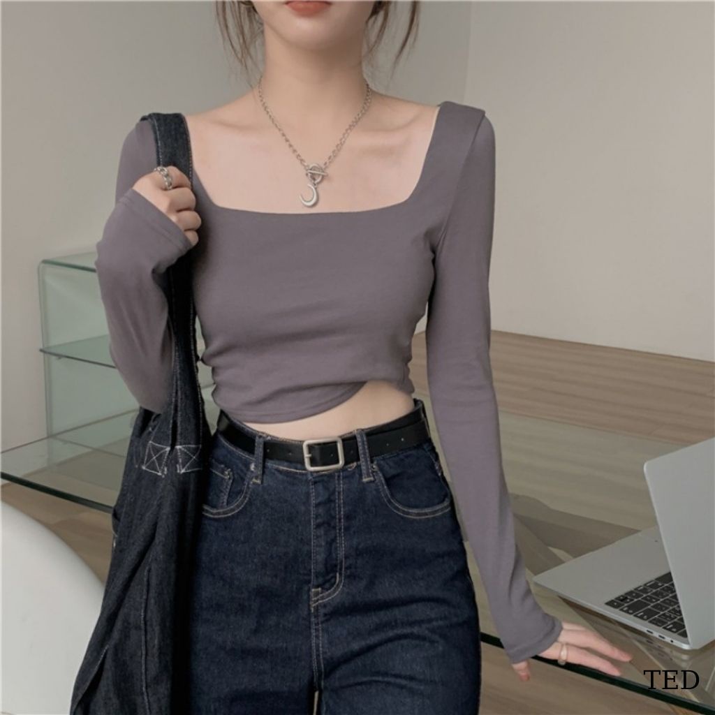 Áo Croptop Tay Dài Cổ Vuông Màu Trơn Co Giãn Phong Cách Hàn Quốc 3 Màu Tùy Chọn TED003