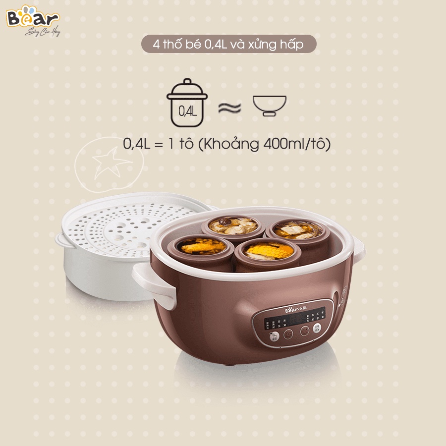 Nồi Bear 2l5, nồi nấu cháo chậm, nồi hầm đa năng full bộ 5 thố sứ kèm hấp