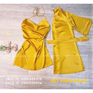 Đầm ngủ lụa yếm xẻ tà sexy - Set choàng lụa