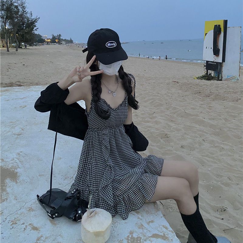 Set Áo Khoác Cardigan Dài Tay Và Đầm Hai Dây Họa Tiết Ca Rô Thời Trang Dành Cho Nữ