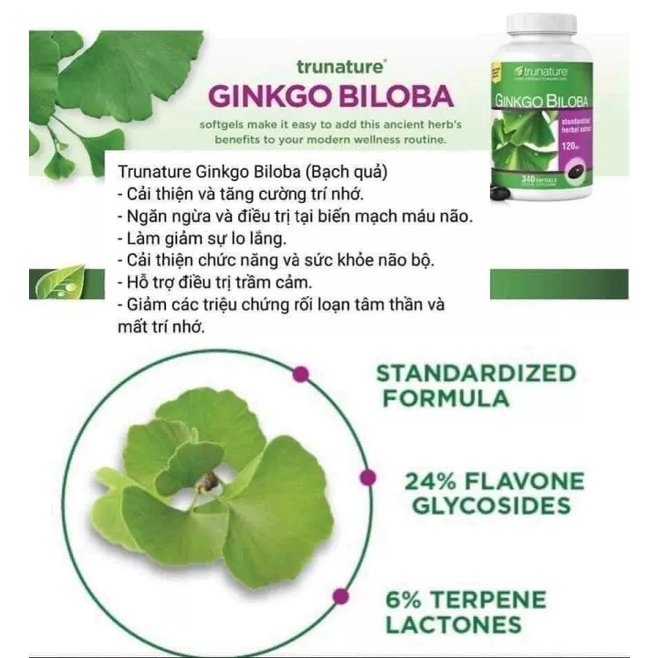 Viên Uống Ginkgo Biloba 120mg Trunature Mỹ 340 Viên Bổ Não Tăng Trí Nhớ I  hãng Mỹ chính hãng