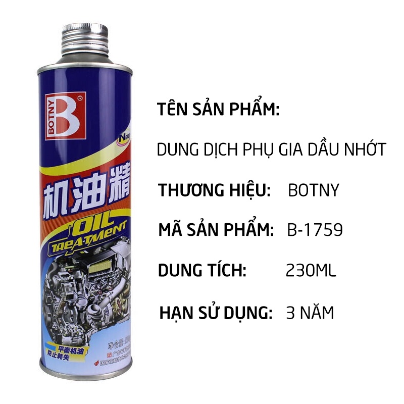 Dung dịch phụ gia dầu nhớt Botny B-1759, giúp tăng tuổi thọ động cơ, giảm tiêu thụ nhiên liệu, cải thiện độ ổn định,