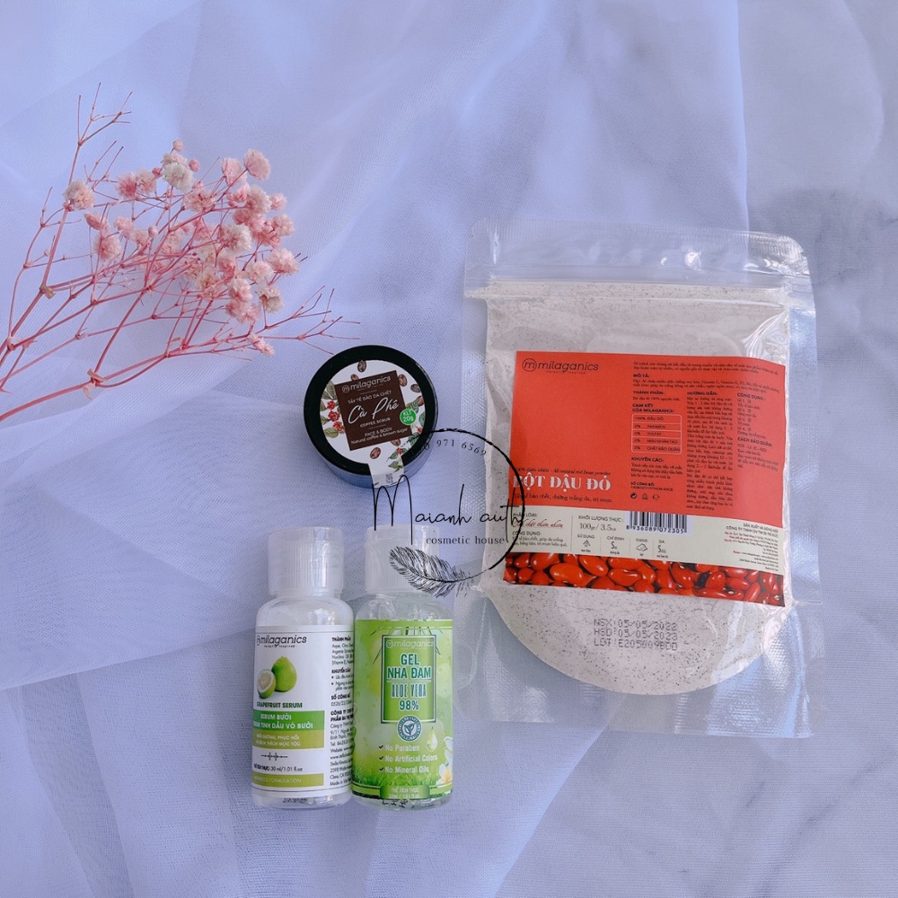 Tinh dầu bưởi, gel nha đam, tẩy tế bào chết toàn thân cà phê và tẩy da chết bột đậu đỏ MILAGANICS mini